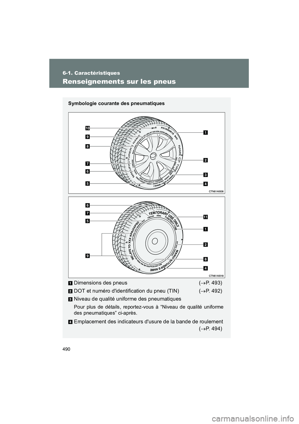 TOYOTA CAMRY 2008  Manuel du propriétaire (in French) 490
6-1. Caractéristiques
CAMRY_D_(L/O_0707)
Renseignements sur les pneus
Symbologie courante des pneumatiques
Dimensions des pneus(→P. 493)
DOT et numéro didentification du pneu (TIN) ( →P. 49