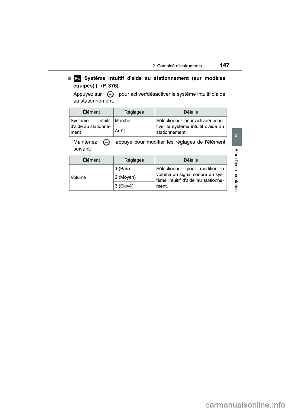TOYOTA CAMRY HYBRID 2021  Manuel du propriétaire (in French) 1472. Combiné dinstruments
2
Bloc d’instrumentation
CAMRY_HV_D■
 Système intuitif 
daide au stationnement (sur modèles
équipés) ( P. 376)
Appuyez sur   pour activer/désact iver le syst
