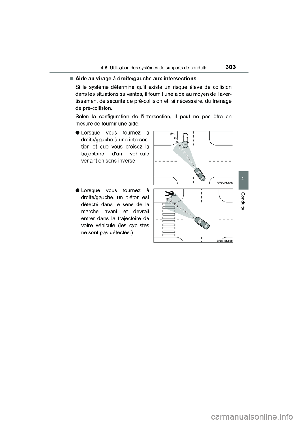 TOYOTA CAMRY HYBRID 2021  Manuel du propriétaire (in French) 3034-5. Utilisation des systèmes de supports de conduite
4
Conduite
CAMRY_HV_D■
Aide au virage à droite/gauche aux intersections
Si le système détermine quil existe un risque élevé de collisi