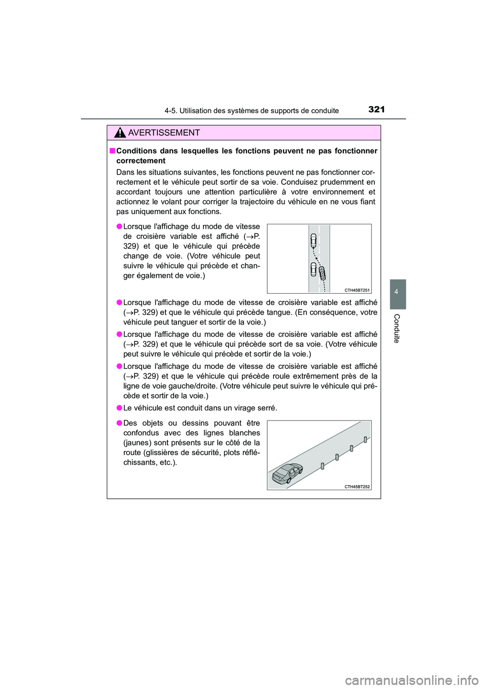 TOYOTA CAMRY HYBRID 2021  Manuel du propriétaire (in French) 3214-5. Utilisation des systèmes de supports de conduite
4
Conduite
CAMRY_HV_D
AVERTISSEMENT
■Conditions dans lesquelles les foncti ons peuvent ne pas fonctionner
correctement
Dans les situations s