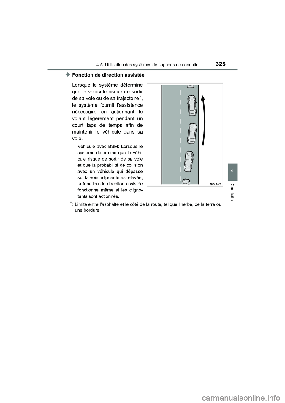 TOYOTA CAMRY HYBRID 2021  Manuel du propriétaire (in French) 3254-5. Utilisation des systèmes de supports de conduite
4
Conduite
CAMRY_HV_D
◆Fonction de direction assistée
Lorsque le système détermine
que le véhicule risque de sortir
de sa voie ou de sa 