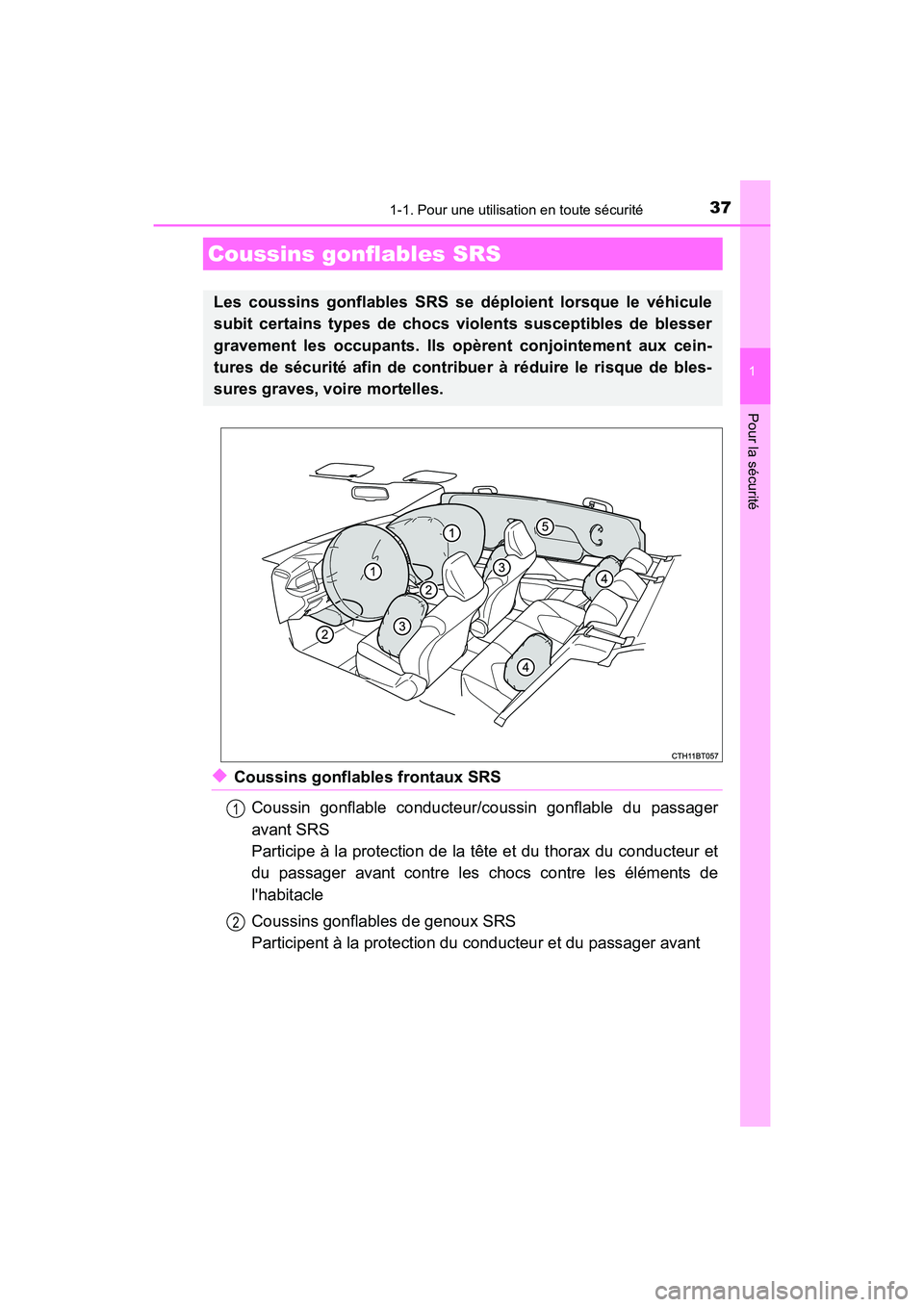 TOYOTA CAMRY HYBRID 2021  Manuel du propriétaire (in French) 371-1. Pour une utilisation en toute sécurité
1
Pour la sécurité
CAMRY_HV_D
◆Coussins gonflables frontaux SRSCoussin gonflable conducteur/c oussin gonflable du passager
avant SRS
Participe à la