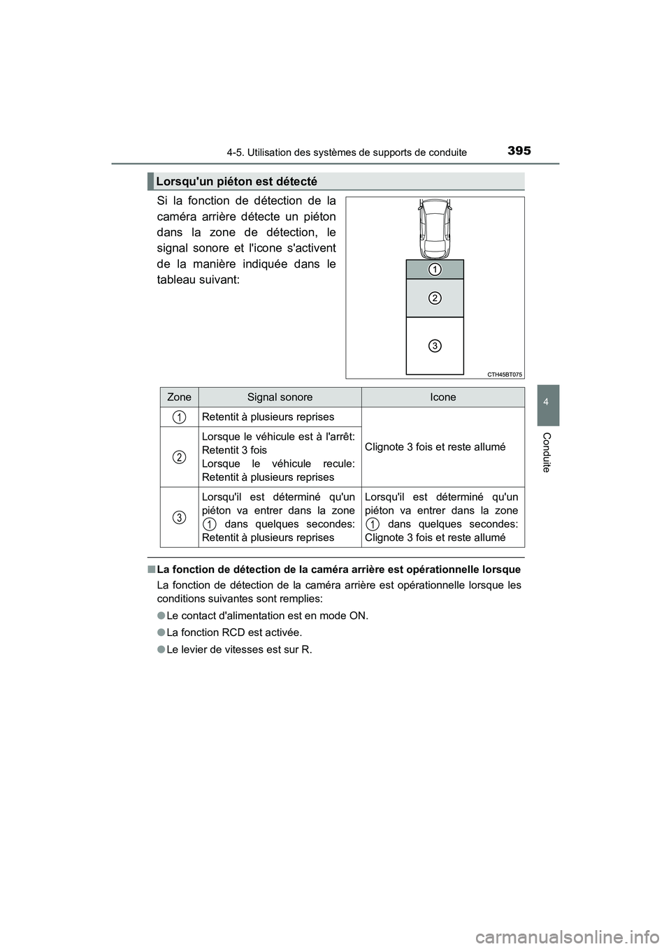 TOYOTA CAMRY HYBRID 2021  Manuel du propriétaire (in French) 3954-5. Utilisation des systèmes de supports de conduite
4
Conduite
CAMRY_HV_D
Si la fonction de détection de la
caméra arrière détecte un piéton
dans la zone de détection, le
signal sonore et 
