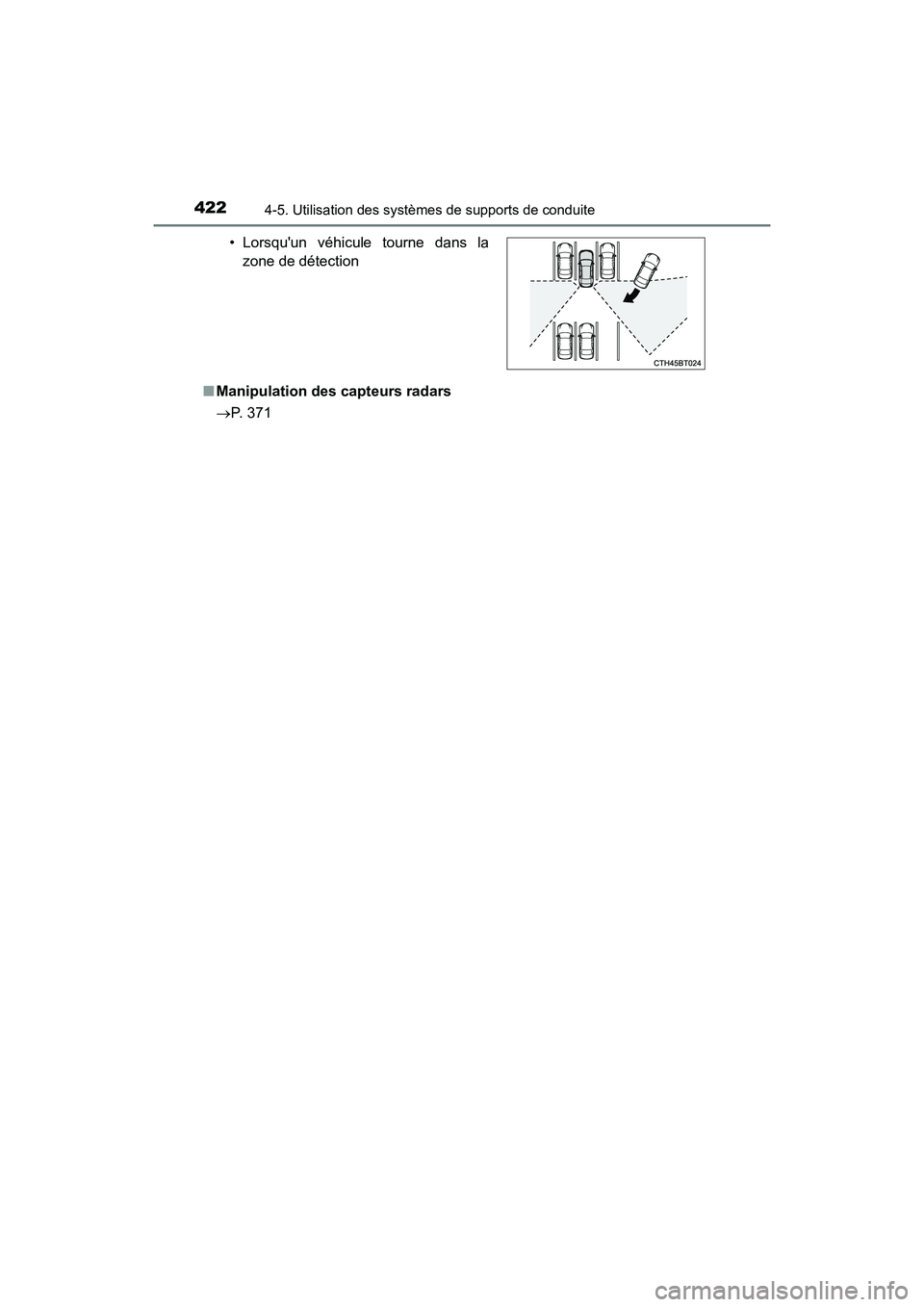 TOYOTA CAMRY HYBRID 2021  Manuel du propriétaire (in French) 4224-5. Utilisation des systèmes de supports de conduite
CAMRY_HV_D■
Manipulation des capteurs radars
P. 371• Lorsquun véhicule tourne dans la
zone de détection 