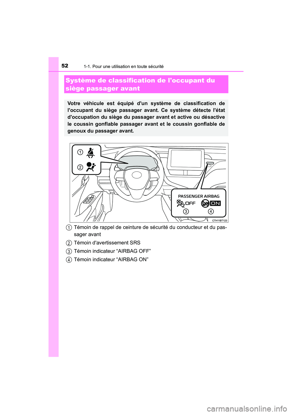 TOYOTA CAMRY HYBRID 2021  Manuel du propriétaire (in French) 521-1. Pour une utilisation en toute sécurité
CAMRY_HV_D
Témoin de rappel de ceinture de sécurité du conducteur et du pas-
sager avant
Témoin davertissement SRS
Témoin indicateur “AIRBAG OFF