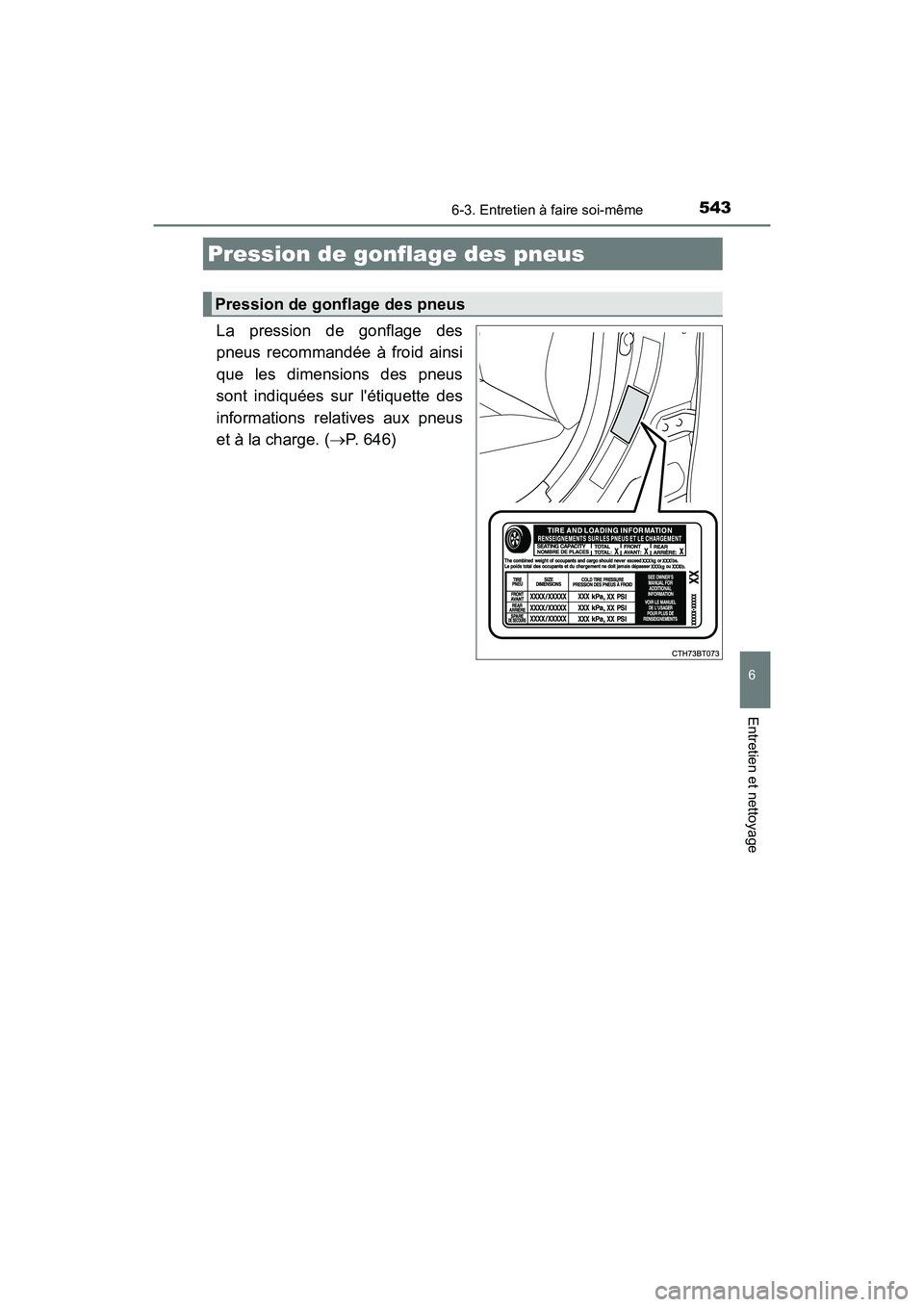 TOYOTA CAMRY HYBRID 2021  Manuel du propriétaire (in French) 5436-3. Entretien à faire soi-même
6
Entretien et nettoyage
CAMRY_HV_D
La pression de gonflage des
pneus recommandée à froid ainsi
que les dimensions des pneus
sont indiquées sur létiquette des