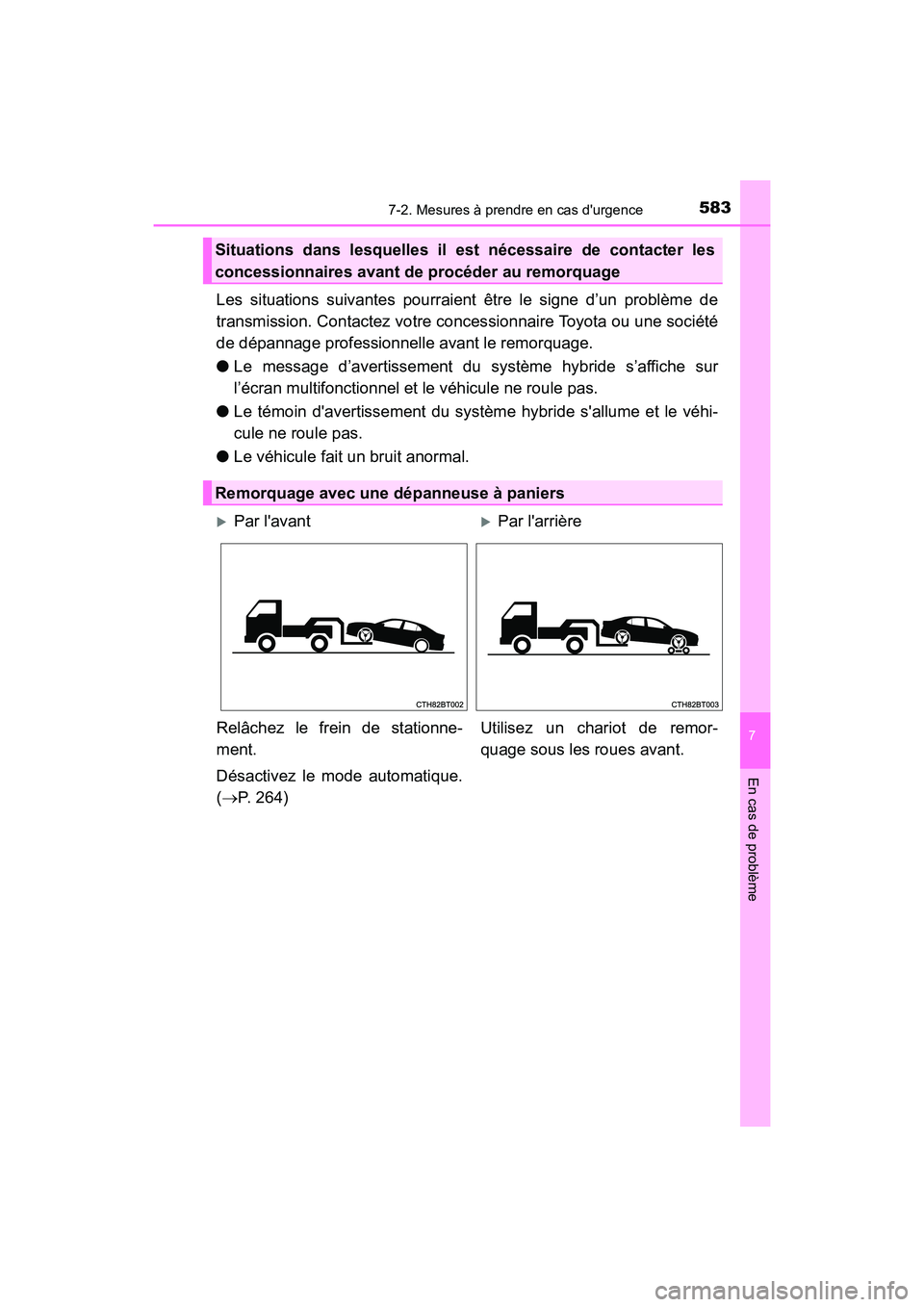 TOYOTA CAMRY HYBRID 2021  Manuel du propriétaire (in French) 5837-2. Mesures à prendre en cas durgence
7
En cas de problème
CAMRY_HV_D
Les situations suivantes pourraient être le signe d’un problème de
transmission. Contactez votre concessionnaire Toyota