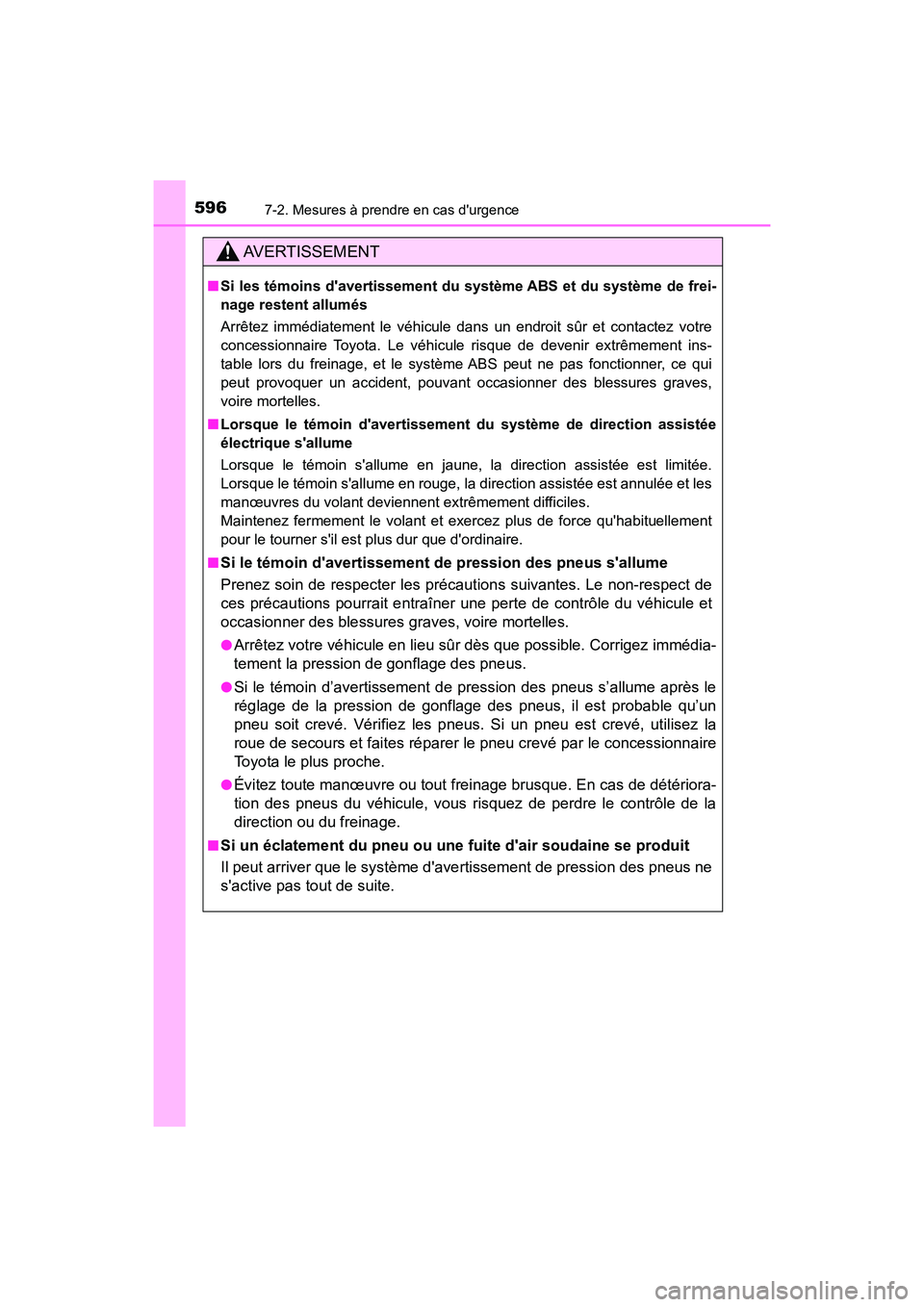 TOYOTA CAMRY HYBRID 2021  Manuel du propriétaire (in French) 5967-2. Mesures à prendre en cas durgence
CAMRY_HV_D
AVERTISSEMENT
■Si les témoins davertissement du syst ème ABS et du système de frei-
nage restent allumés
Arrêtez immédiatement le véhic