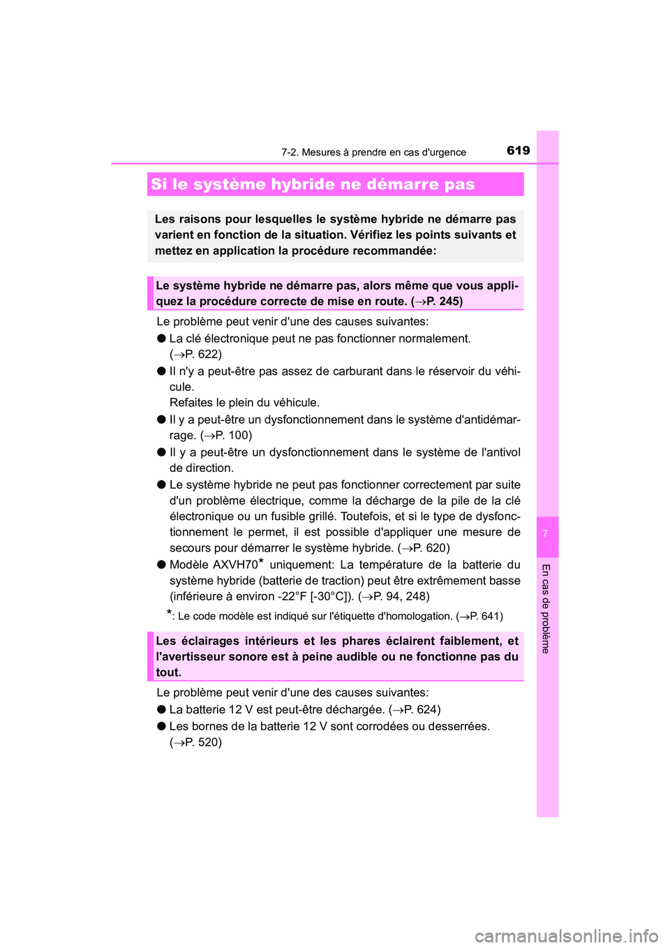 TOYOTA CAMRY HYBRID 2021  Manuel du propriétaire (in French) 6197-2. Mesures à prendre en cas durgence
7
En cas de problème
CAMRY_HV_D
Le problème peut venir dune des causes suivantes:
● La clé électronique peut  ne pas fonctionner normalement. 
(  
