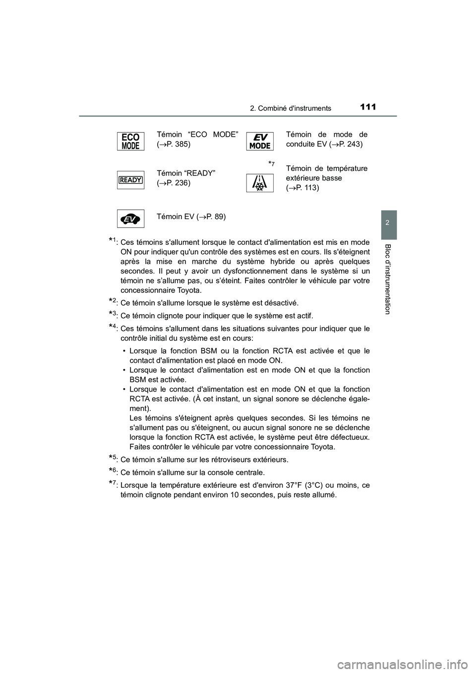 TOYOTA CAMRY HYBRID 2019  Manuel du propriétaire (in French) 1112. Combiné dinstruments
2
Bloc d’instrumentation
CAMRY_HV_D
*1: Ces témoins sallument lorsque le contact dalimentation est mis en modeON pour indiquer quun contrôle des systèmes est en co
