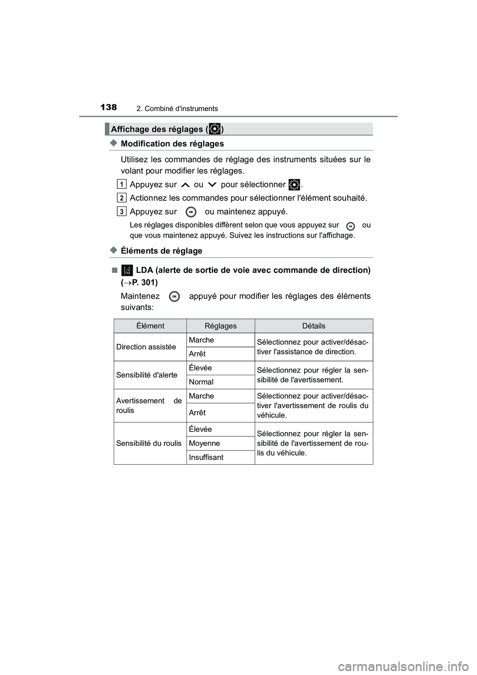 TOYOTA CAMRY HYBRID 2019  Manuel du propriétaire (in French) 1382. Combiné dinstruments
CAMRY_HV_D
◆Modification des réglages
Utilisez les commandes de réglage des instruments situées sur le
volant pour modifier les réglages.Appuyez sur   ou   pour sél