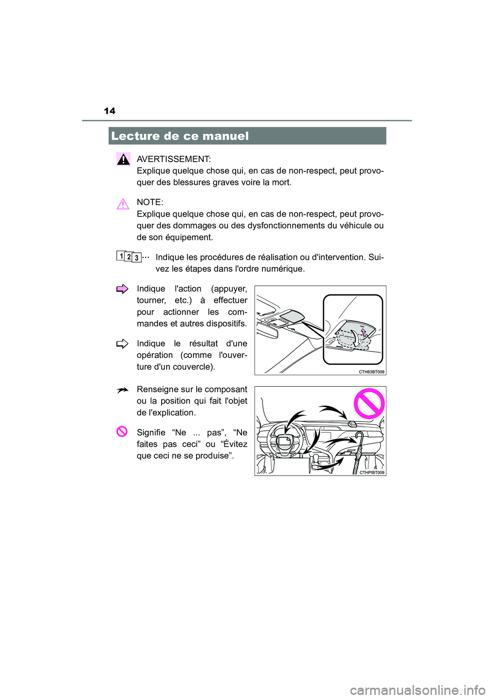 TOYOTA CAMRY HYBRID 2019  Manuel du propriétaire (in French) 14
CAMRY_HV_D
AVERTISSEMENT: 
Explique quelque chose qui, en cas de non-respect, peut provo-
quer des blessures graves voire la mort.
NOTE: 
Explique quelque chose qui, en cas de non-respect, peut pro