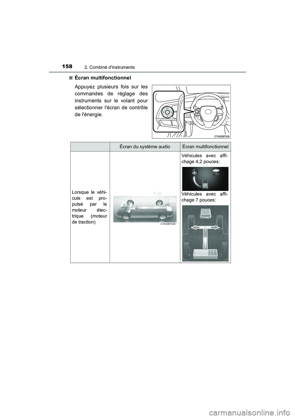 TOYOTA CAMRY HYBRID 2019  Manuel du propriétaire (in French) 1582. Combiné dinstruments
CAMRY_HV_D■
Écran multifonctionnel
Appuyez plusieurs fois sur les
commandes de réglage des
instruments sur le volant pour
sélectionner lécran de contrôle
de léne