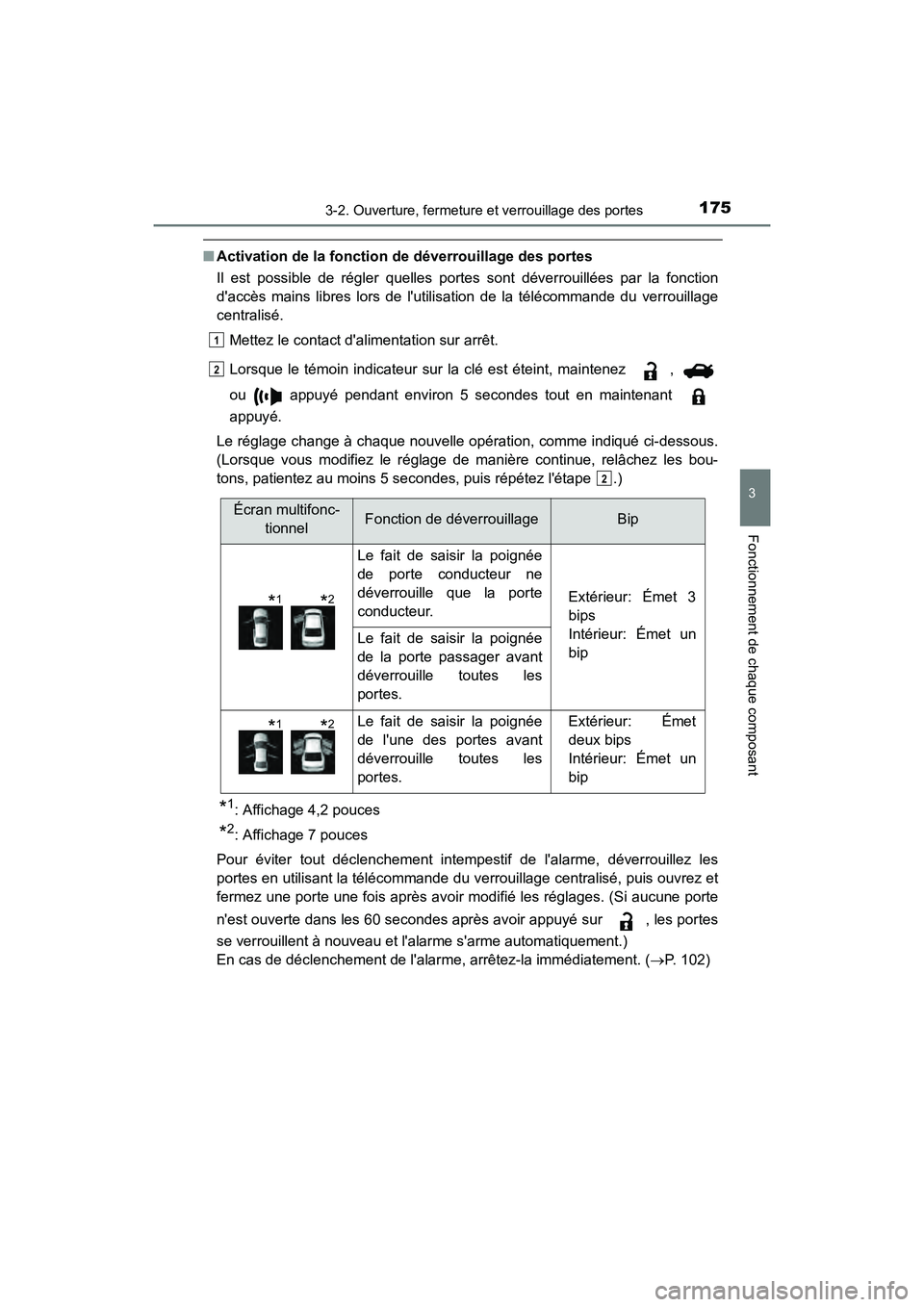 TOYOTA CAMRY HYBRID 2019  Manuel du propriétaire (in French) 1753-2. Ouverture, fermeture et verrouillage des portes
3
Fonctionnement de chaque composant
CAMRY_HV_D
■Activation de la fonction de déverrouillage des portes
Il est possible de régler quelles po
