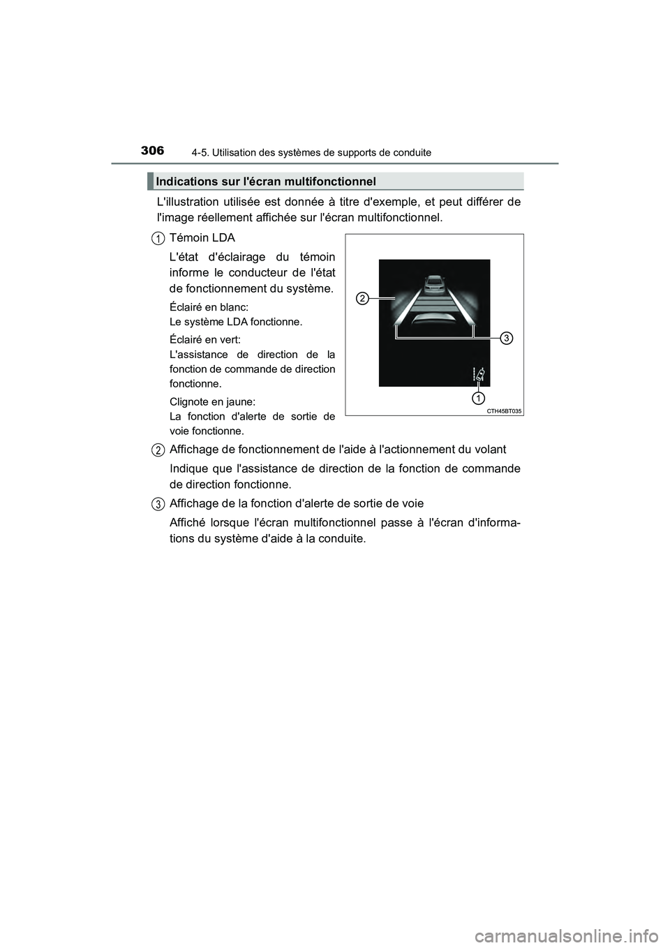 TOYOTA CAMRY HYBRID 2019  Manuel du propriétaire (in French) 3064-5. Utilisation des systèmes de supports de conduite
CAMRY_HV_D
Lillustration utilisée est donnée à titre dexemple, et peut différer de
limage réellement affichée sur lécran multifonct