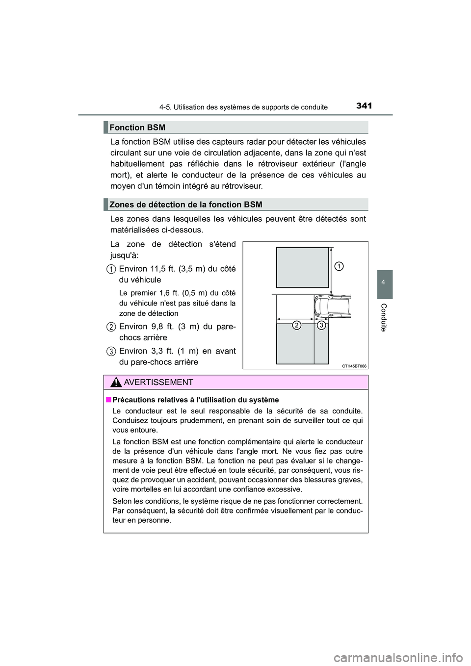 TOYOTA CAMRY HYBRID 2019  Manuel du propriétaire (in French) 3414-5. Utilisation des systèmes de supports de conduite
4
Conduite
CAMRY_HV_D
La fonction BSM utilise des capteurs radar pour détecter les véhicules
circulant sur une voie de circulation adjacente