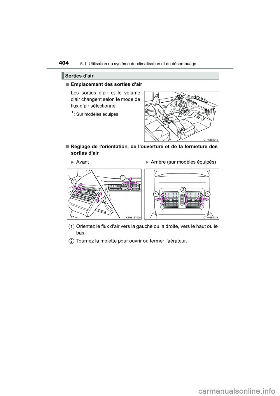TOYOTA CAMRY HYBRID 2019  Manuel du propriétaire (in French) 4045-1. Utilisation du système de climatisation et du désembuage
CAMRY_HV_D■
Emplacement des sorties dair
Les sorties dair et le volume
dair changent selon le mode de
flux dair sélectionné.
