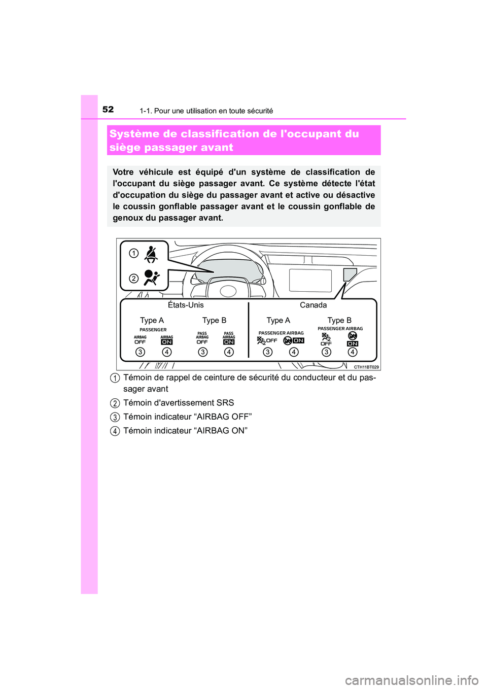 TOYOTA CAMRY HYBRID 2019  Manuel du propriétaire (in French) 521-1. Pour une utilisation en toute sécurité
CAMRY_HV_D
Système de classification de loccupant du 
siège passager avant
Votre véhicule est équipé dun système de classification de
loccupant