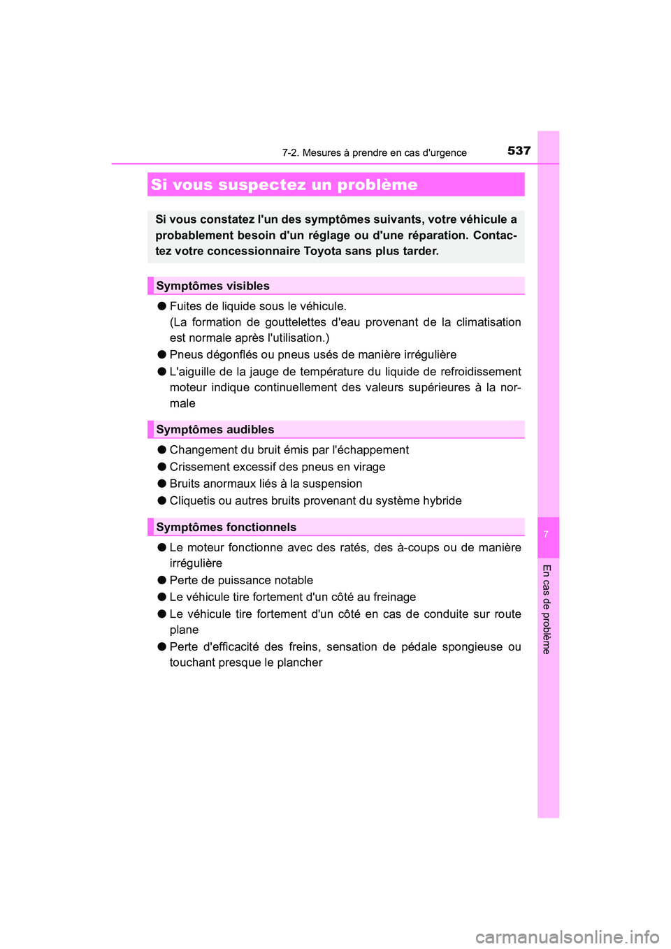 TOYOTA CAMRY HYBRID 2019  Manuel du propriétaire (in French) 5377-2. Mesures à prendre en cas durgence
7
En cas de problème
CAMRY_HV_D
●Fuites de liquide sous le véhicule.
(La formation de gouttelettes deau provenant de la climatisation
est normale aprè