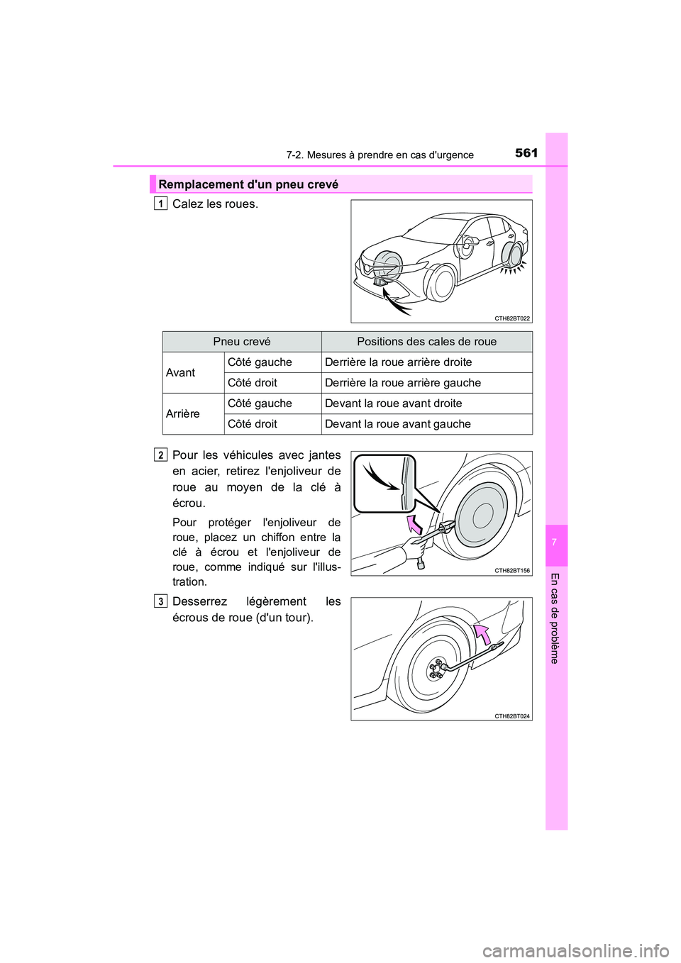 TOYOTA CAMRY HYBRID 2019  Manuel du propriétaire (in French) 5617-2. Mesures à prendre en cas durgence
7
En cas de problème
CAMRY_HV_D
Calez les roues.
Pour les véhicules avec jantes
en acier, retirez lenjoliveur de
roue au moyen de la clé à
écrou.
Pour
