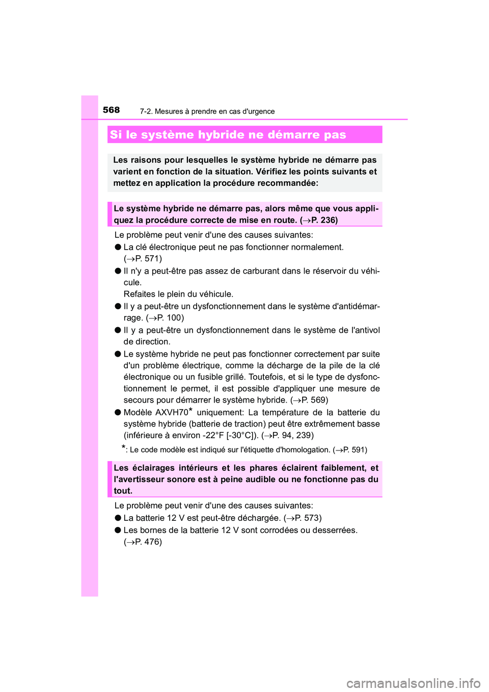 TOYOTA CAMRY HYBRID 2019  Manuel du propriétaire (in French) 5687-2. Mesures à prendre en cas durgence
CAMRY_HV_D
Le problème peut venir dune des causes suivantes:
●La clé électronique peut ne pas fonctionner normalement. 
( P. 571)
● Il ny a peut