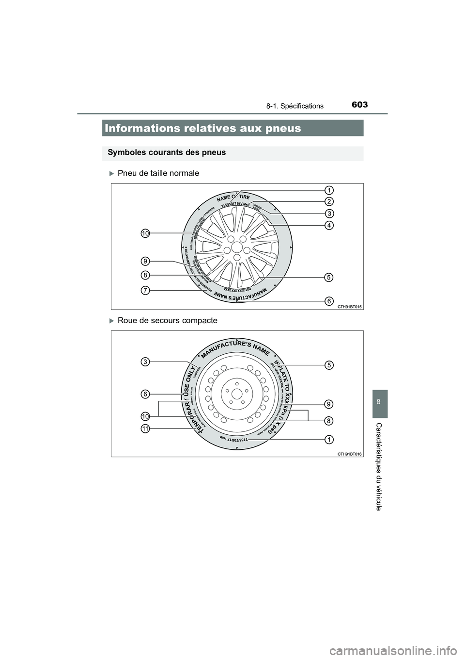 TOYOTA CAMRY HYBRID 2019  Manuel du propriétaire (in French) 6038-1. Spécifications
8
Caractéristiques du véhicule
CAMRY_HV_D
Pneu de taille normale
Roue de secours compacte
Informations relatives aux pneus
Symboles courants des pneus 