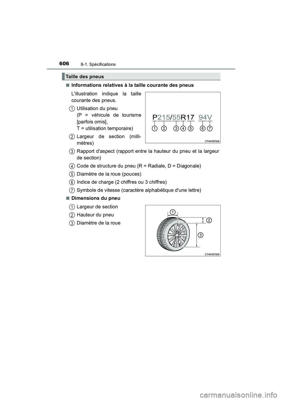 TOYOTA CAMRY HYBRID 2019  Manuel du propriétaire (in French) 6068-1. Spécifications
CAMRY_HV_D■
Informations relatives à la taille courante des pneus
Lillustration indique la taille
courante des pneus.
Utilisation du pneu 
(P = véhicule de tourisme
[parfo