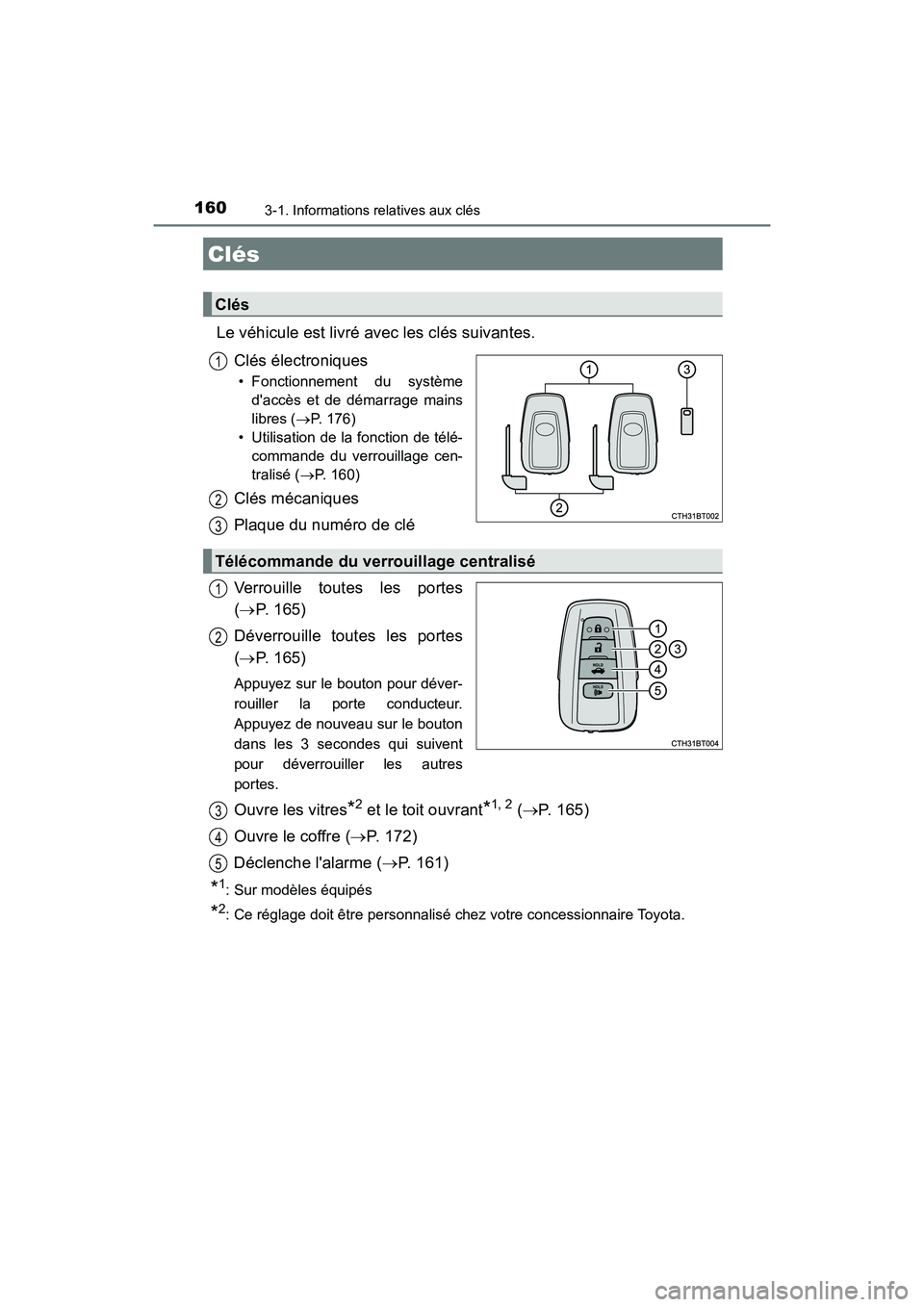 TOYOTA CAMRY HYBRID 2018  Manuel du propriétaire (in French) 160
CAMRY_HV_D (OM06123D)
3-1. Informations relatives aux clés
Le véhicule est livré avec les clés suivantes. 
Clés électroniques
• Fonctionnement du système 
daccès et de démarrage mains

