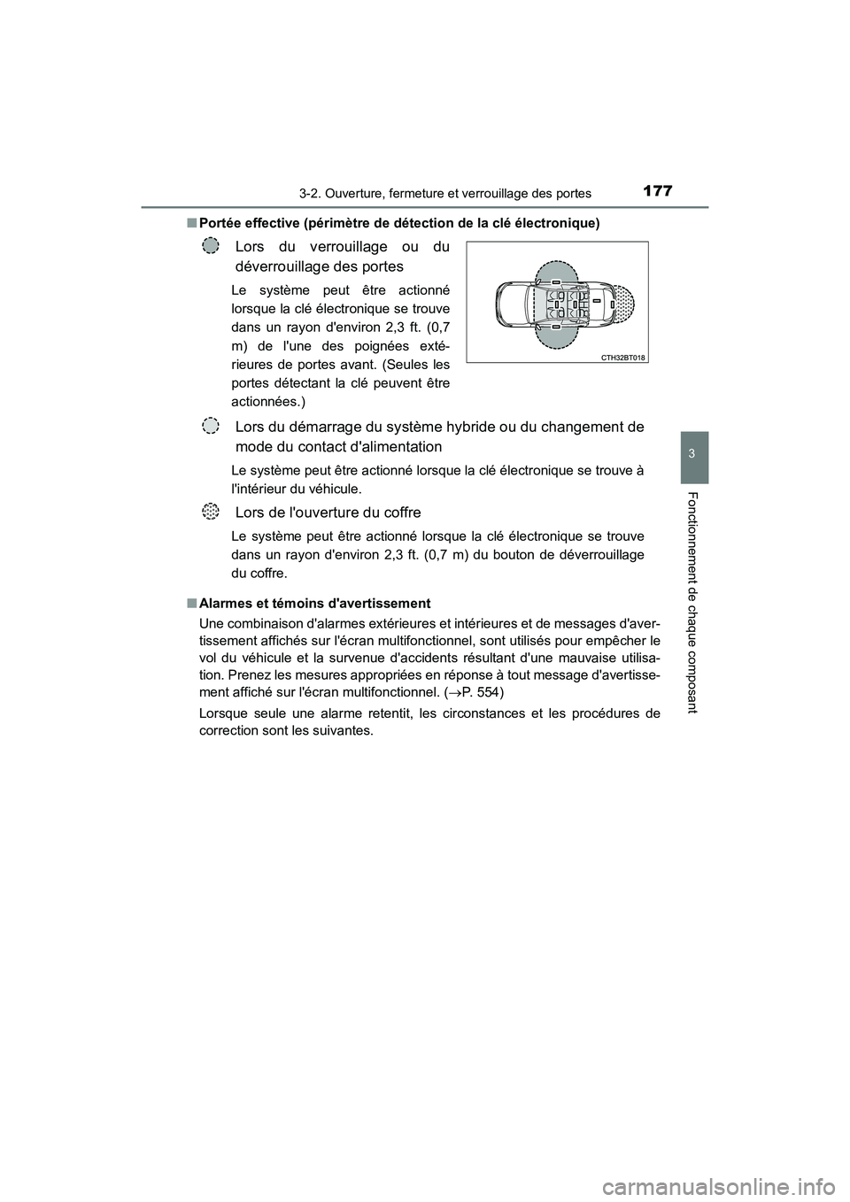 TOYOTA CAMRY HYBRID 2018 Manuel du propriétaire (in French) 1773-2. Ouverture, fermeture et verrouillage des portes
3
Fonctionnement de chaque composant
CAMRY_HV_D (OM06123D)
■ Portée effective (périmètre de détection de la clé électronique)
■ Alar TOYOTA CAMRY HYBRID 2018 Manuel du propriétaire (in French) 1773-2. Ouverture, fermeture et verrouillage des portes
3
Fonctionnement de chaque composant
CAMRY_HV_D (OM06123D)
■ Portée effective (périmètre de détection de la clé électronique)
■ Alar