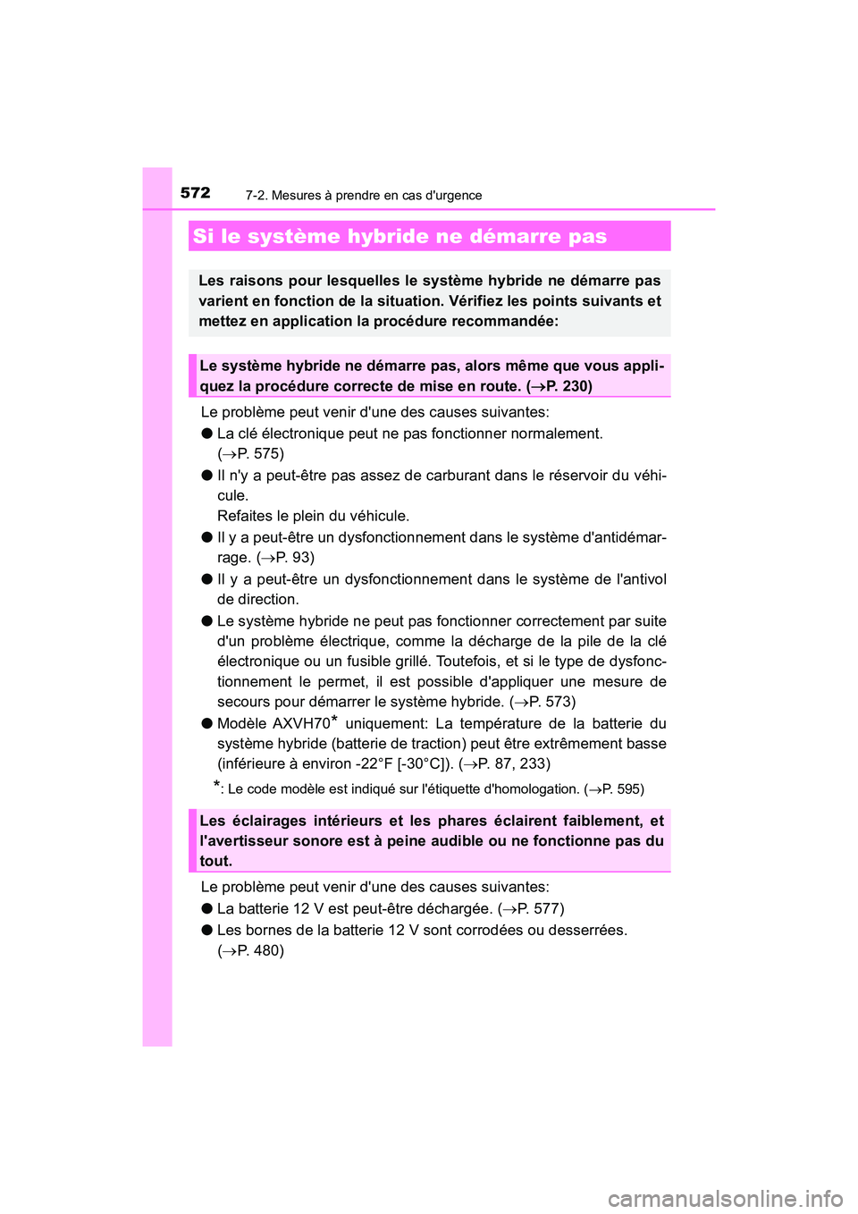TOYOTA CAMRY HYBRID 2018  Manuel du propriétaire (in French) 5727-2. Mesures à prendre en cas durgence
CAMRY_HV_D (OM06123D)
Le problème peut venir dune des causes suivantes: 
● La clé électronique peut ne pas fonctionner normalement.  
( P. 575) 
