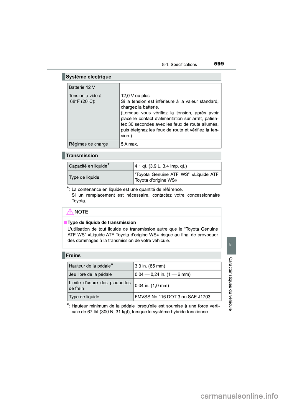 TOYOTA CAMRY HYBRID 2018  Manuel du propriétaire (in French) 5998-1. Spécifications
8
Caractéristiques du véhicule
CAMRY_HV_D (OM06123D)
*: La contenance en liquide est une quantité de référence.  
Si un remplacement est nécessaire, contactez votre conce