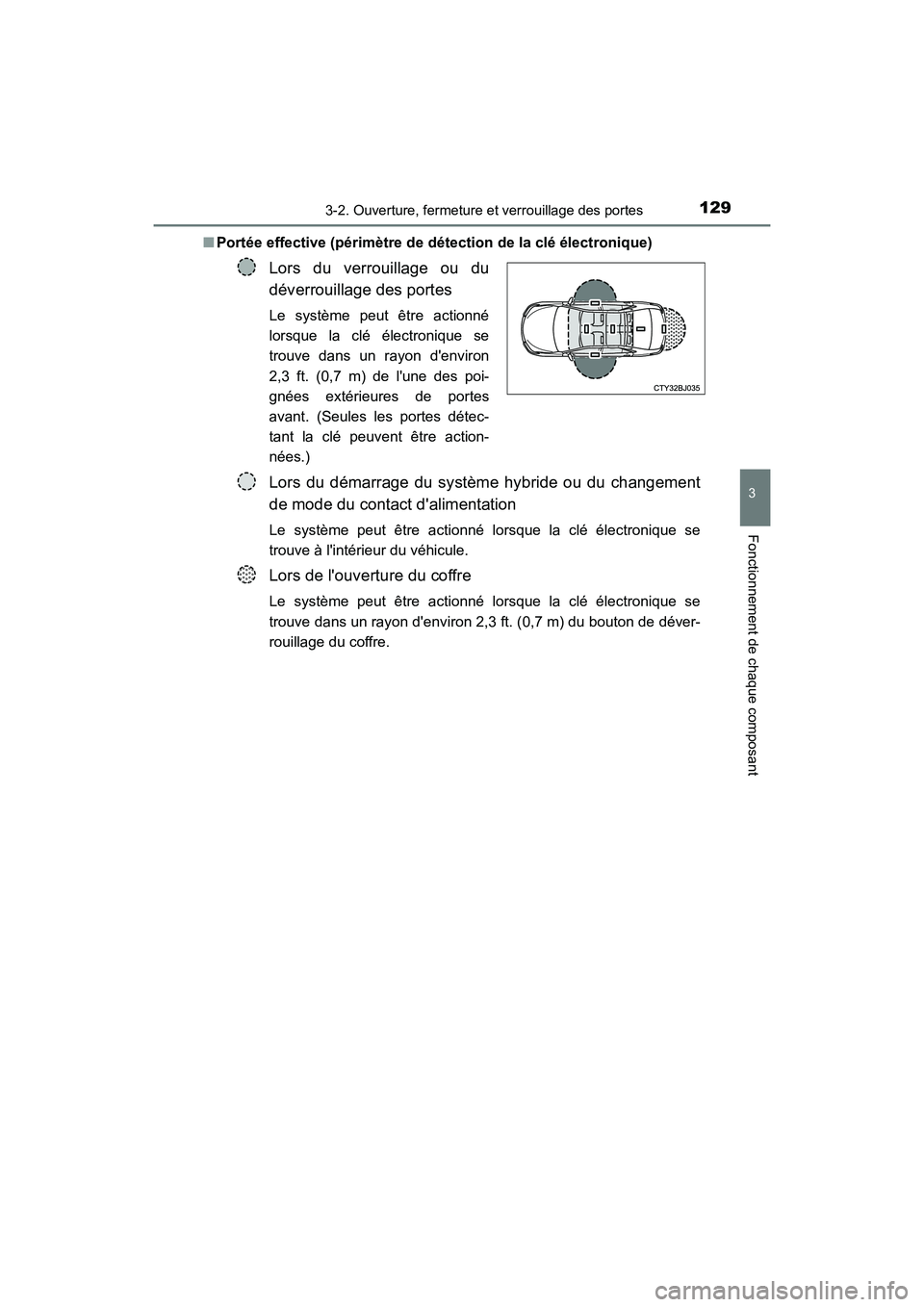 TOYOTA CAMRY HYBRID 2017  Manuel du propriétaire (in French) 1293-2. Ouverture, fermeture et verrouillage des portes
3
Fonctionnement de chaque composant
CAMRY_HV_D (OM33C65D)■
Portée effective (périmètre de détection de la clé électronique)
Lors du ver