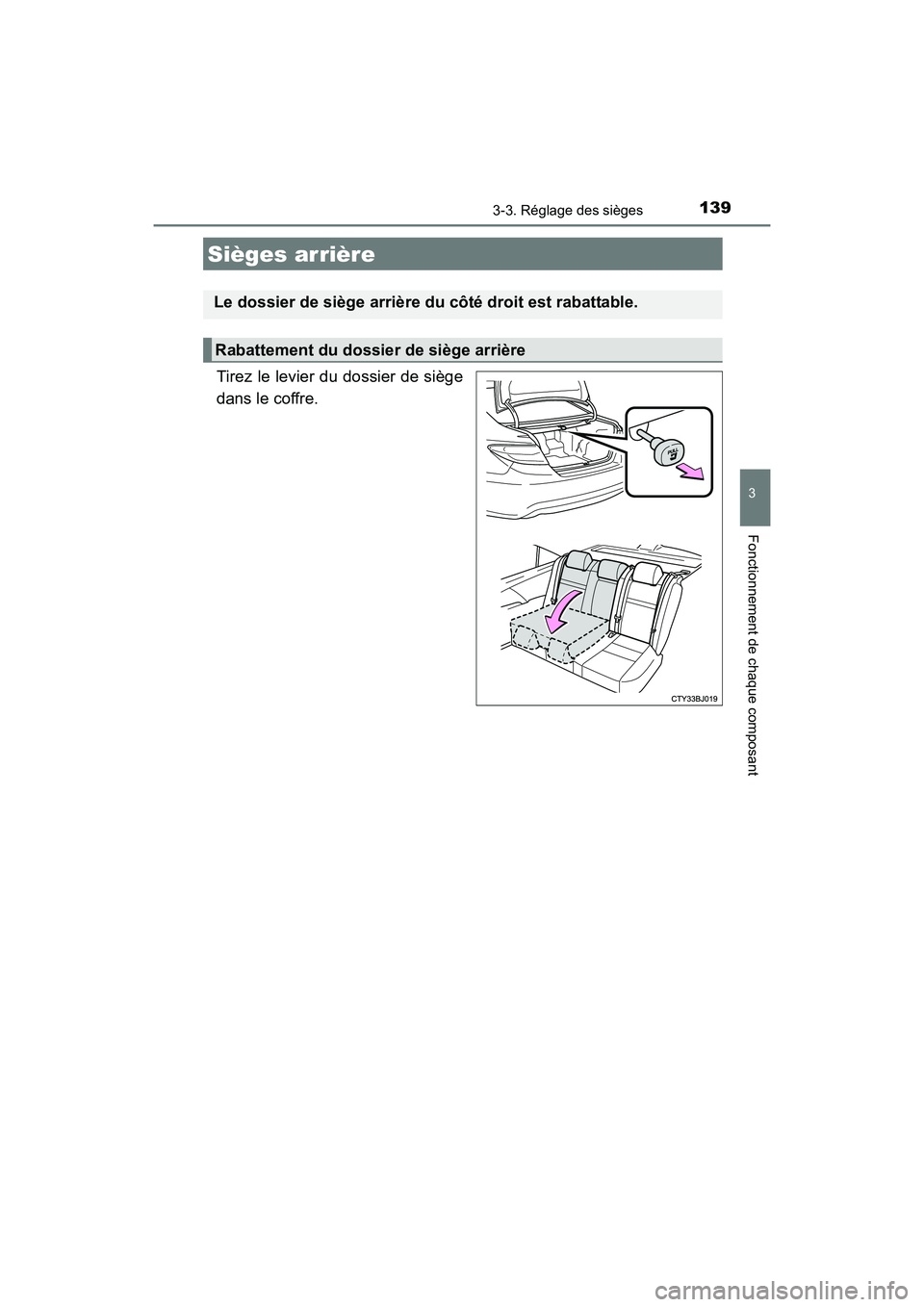 TOYOTA CAMRY HYBRID 2017  Manuel du propriétaire (in French) 1393-3. Réglage des sièges
3
Fonctionnement de chaque composant
CAMRY_HV_D (OM33C65D)
Tirez le levier du dossier de siège
dans le coffre.
Sièges arrière
Le dossier de siège arrière du côté dr