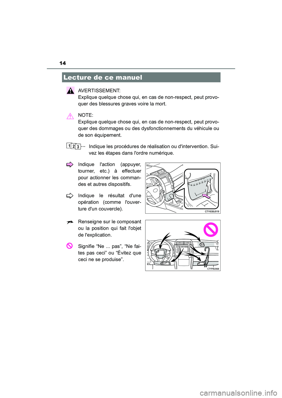 TOYOTA CAMRY HYBRID 2017  Manuel du propriétaire (in French) 14
CAMRY_HV_D (OM33C65D)
AVERTISSEMENT: 
Explique quelque chose qui, en cas de non-respect, peut provo-
quer des blessures graves voire la mort.
NOTE: 
Explique quelque chose qui, en cas de non-respec