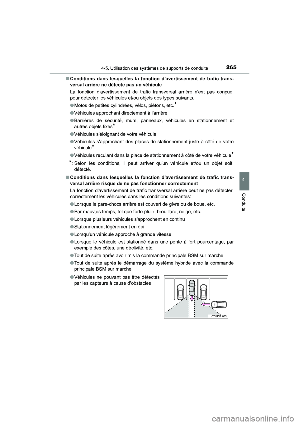 TOYOTA CAMRY HYBRID 2017 Manuel du propriétaire (in French) 2654-5. Utilisation des systèmes de supports de conduite
4
Conduite
CAMRY_HV_D (OM33C65D)■
Conditions dans lesquelles la fonction davertissement de trafic trans-
versal arrière ne détecte pas un TOYOTA CAMRY HYBRID 2017 Manuel du propriétaire (in French) 2654-5. Utilisation des systèmes de supports de conduite
4
Conduite
CAMRY_HV_D (OM33C65D)■
Conditions dans lesquelles la fonction davertissement de trafic trans-
versal arrière ne détecte pas un