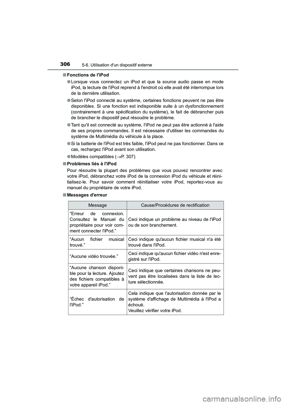 TOYOTA CAMRY HYBRID 2017  Manuel du propriétaire (in French) 3065-6. Utilisation dun dispositif externe
CAMRY_HV_D (OM33C65D)■
Fonctions de liPod
●Lorsque vous connectez un iPod et que la source audio passe en mode
iPod, la lecture de liPod reprend à l