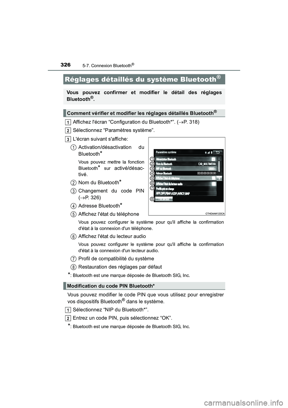 TOYOTA CAMRY HYBRID 2017 Manuel du propriétaire (in French) 3265-7. Connexion Bluetooth®
CAMRY_HV_D (OM33C65D)
Affichez lécran “Configuration du Bluetooth*”. (→P. 318)
Sélectionnez “Paramètres système”.
Lécran suivant saffiche: Activation/d TOYOTA CAMRY HYBRID 2017 Manuel du propriétaire (in French) 3265-7. Connexion Bluetooth®
CAMRY_HV_D (OM33C65D)
Affichez lécran “Configuration du Bluetooth*”. (→P. 318)
Sélectionnez “Paramètres système”.
Lécran suivant saffiche: Activation/d