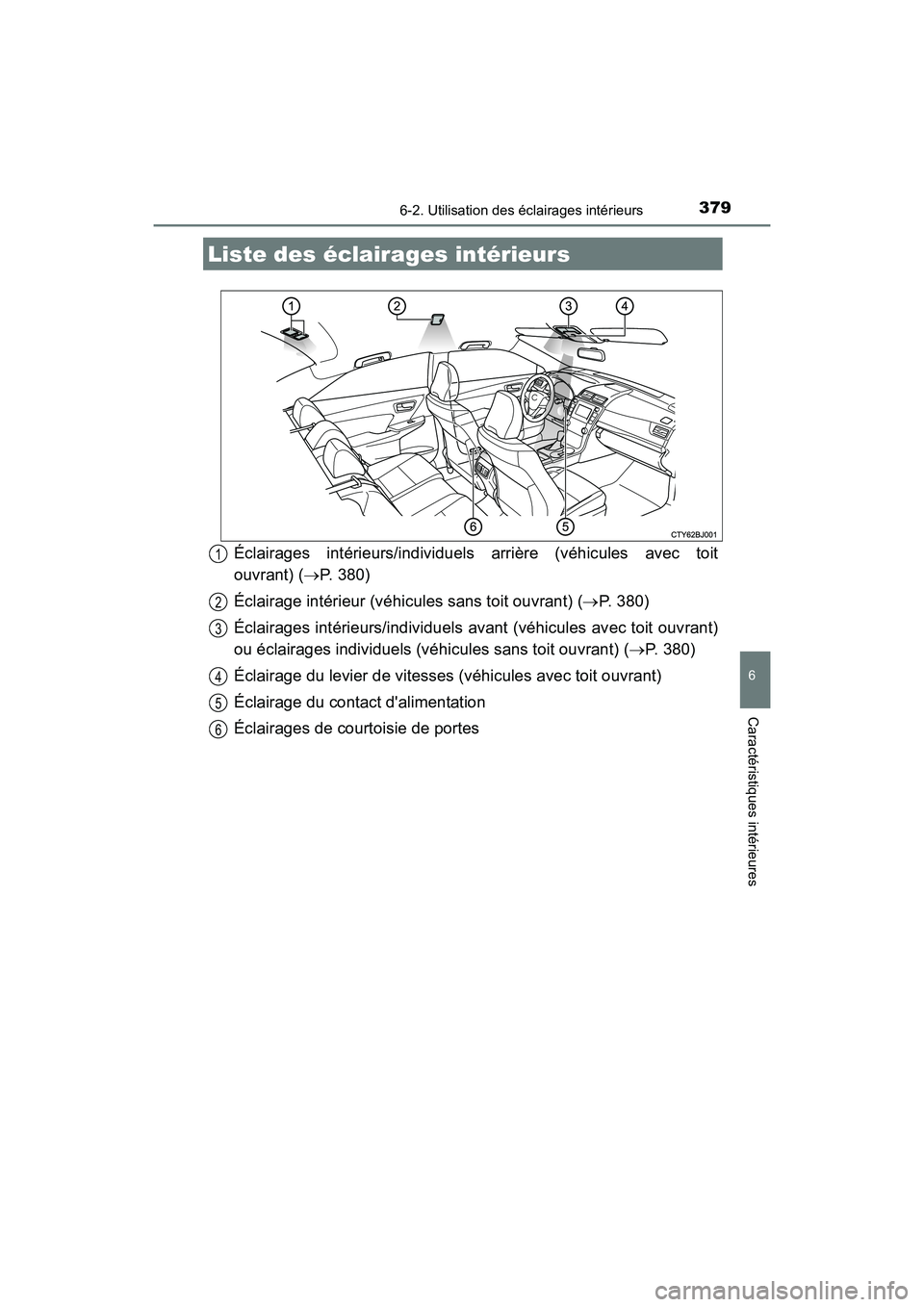 TOYOTA CAMRY HYBRID 2017  Manuel du propriétaire (in French) 379
6
Caractéristiques intérieures
CAMRY_HV_D (OM33C65D)
6-2. Utilisation des éclairages intérieurs
Éclairages intérieurs/individuels arrière (véhicules avec toit
ouvrant) (→P. 380)
Éclaira