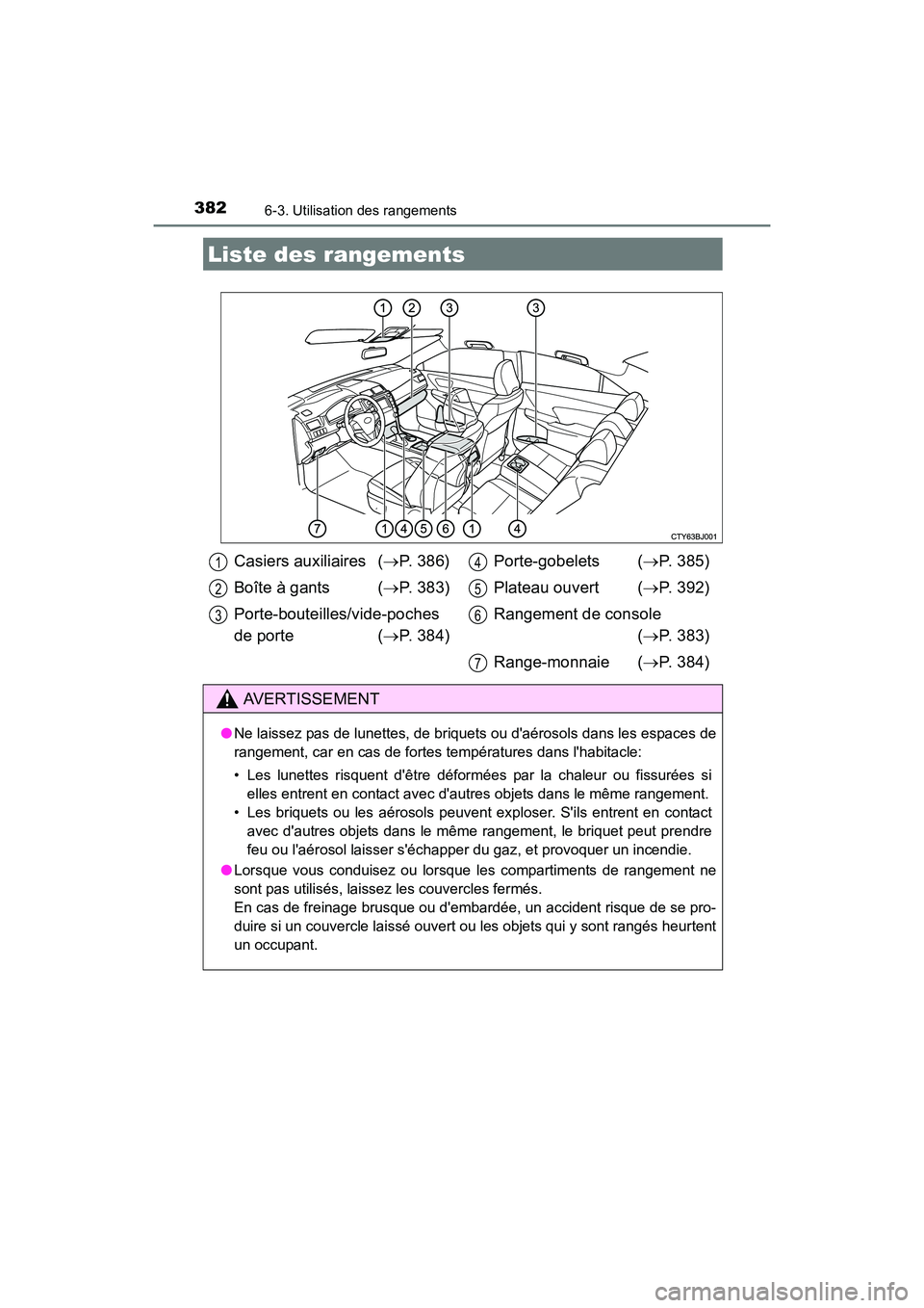 TOYOTA CAMRY HYBRID 2017  Manuel du propriétaire (in French) 382
CAMRY_HV_D (OM33C65D)
6-3. Utilisation des rangements
Liste des rangements
Casiers auxiliaires (→P. 386)
Boîte à gants ( →P. 383)
Porte-bouteilles/vide-poches
de porte ( →P. 384) Porte-gob