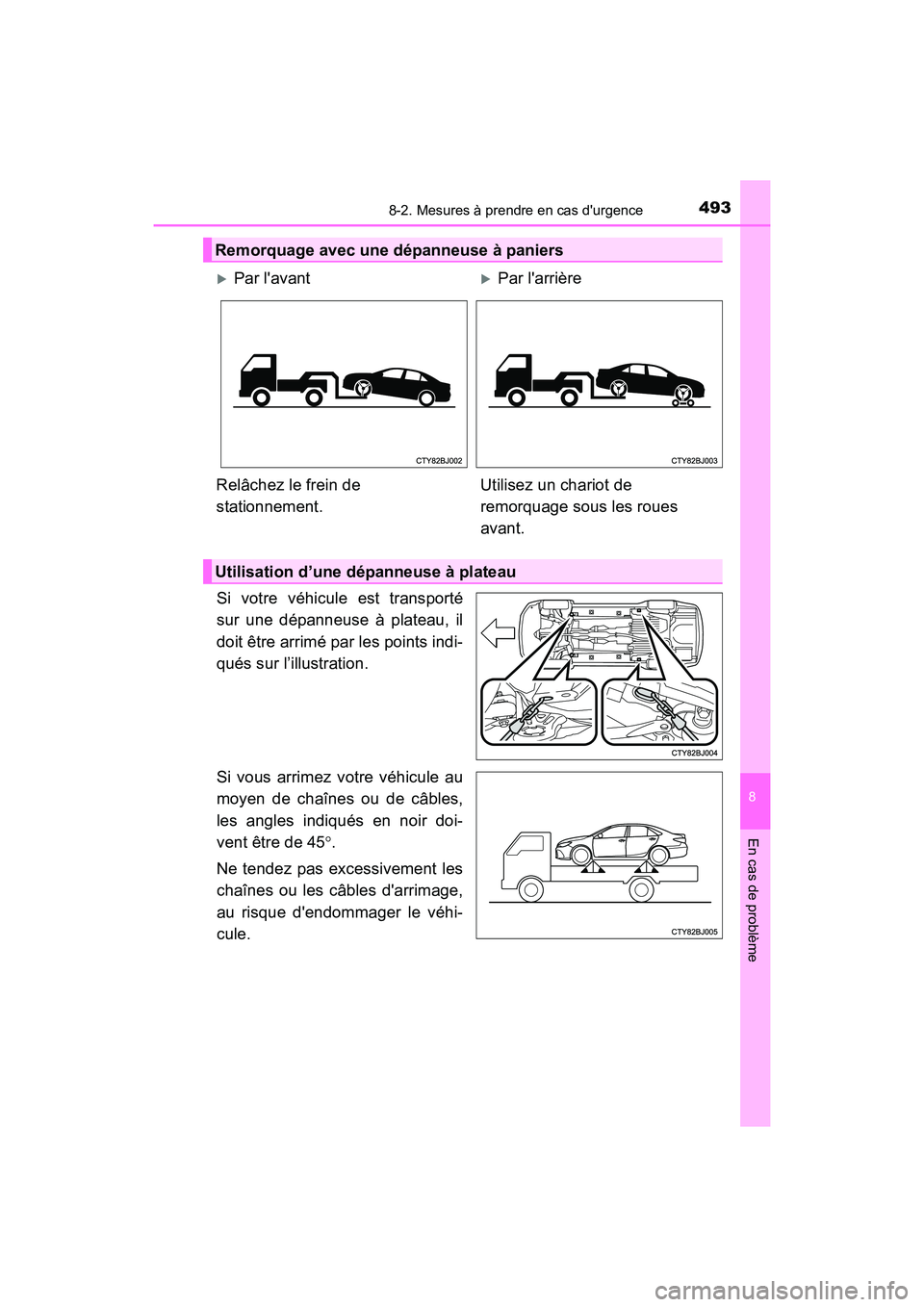 TOYOTA CAMRY HYBRID 2017  Manuel du propriétaire (in French) 4938-2. Mesures à prendre en cas durgence
8
En cas de problème
CAMRY_HV_D (OM33C65D)
Si votre véhicule est transporté
sur une dépanneuse à plateau, il
doit être arrimé par les points indi-
qu