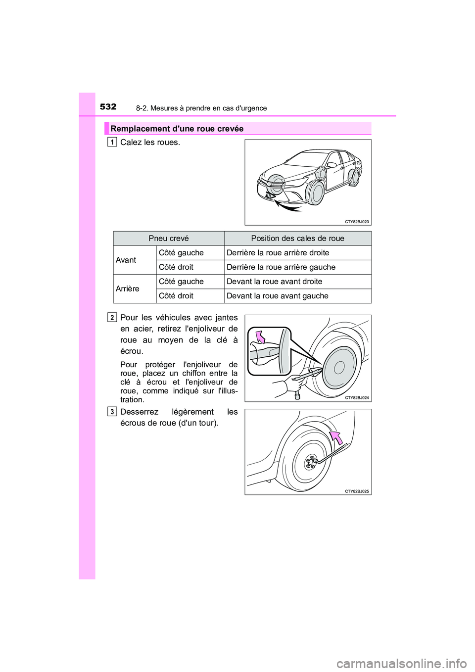 TOYOTA CAMRY HYBRID 2017  Manuel du propriétaire (in French) 5328-2. Mesures à prendre en cas durgence
CAMRY_HV_D (OM33C65D)
Calez les roues.
Pour les véhicules avec jantes
en acier, retirez lenjoliveur de
roue au moyen de la clé à
écrou.
Pour protéger 
