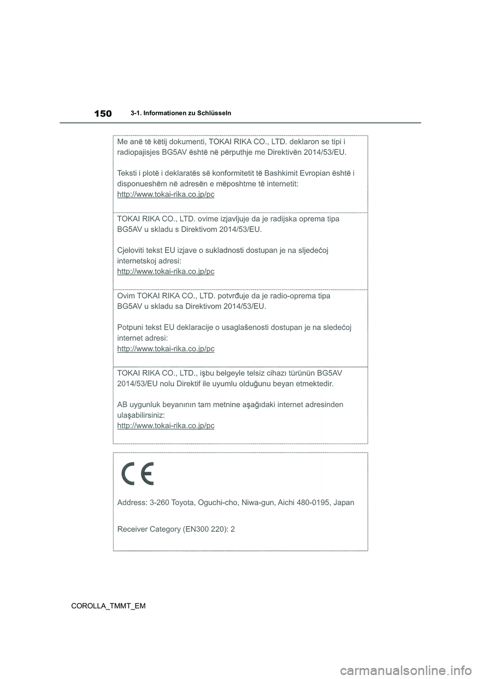 TOYOTA COROLLA 2020  Betriebsanleitungen (in German) 1503-1. Informationen zu Schlüsseln
COROLLA_TMMT_EM 