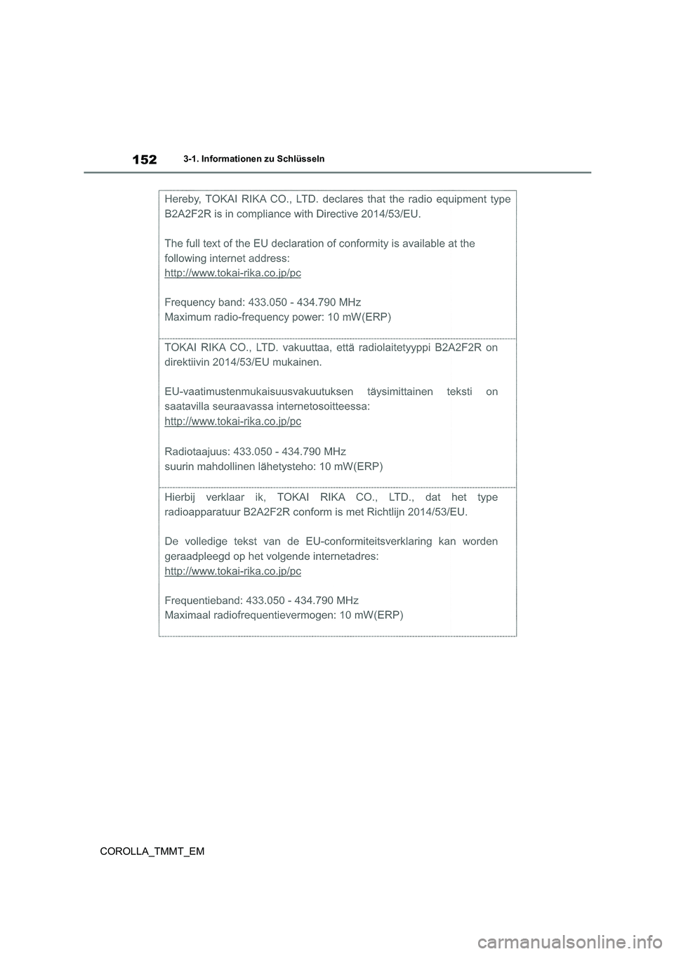 TOYOTA COROLLA 2021  Betriebsanleitungen (in German) 1523-1. Informationen zu Schlüsseln
COROLLA_TMMT_EM 