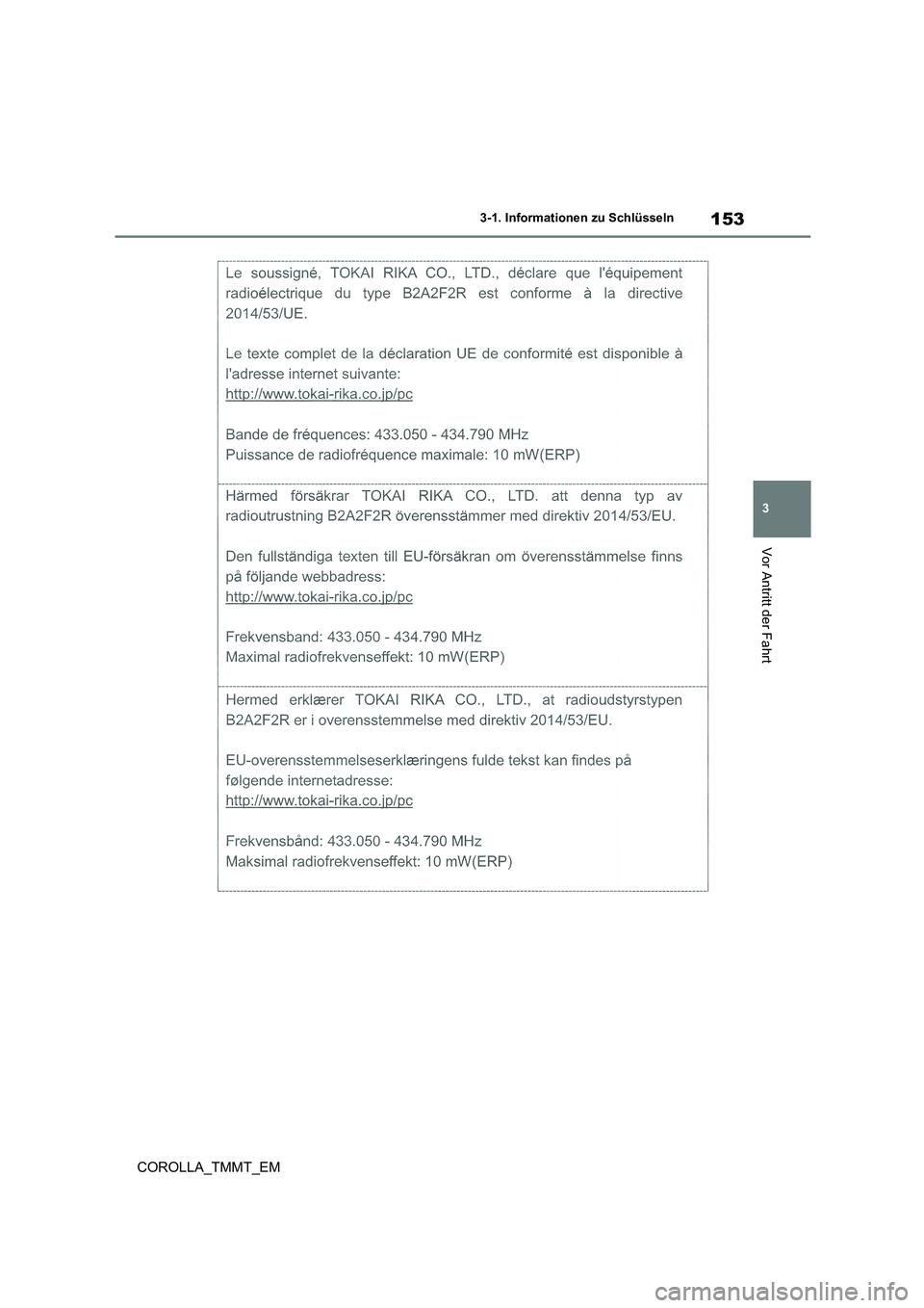 TOYOTA COROLLA 2021  Betriebsanleitungen (in German) 153
3 
3-1. Informationen zu Schlüsseln
Vor Antritt der Fahrt
COROLLA_TMMT_EM 