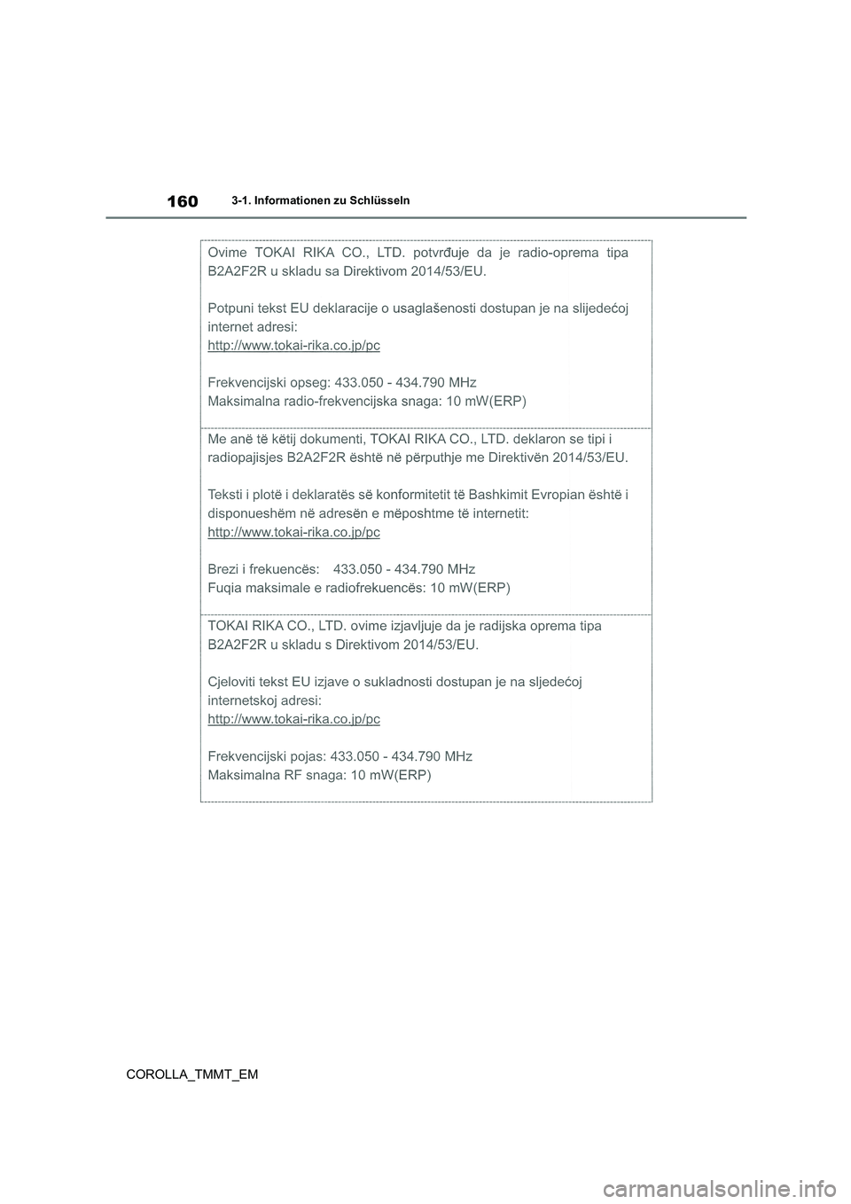 TOYOTA COROLLA 2021  Betriebsanleitungen (in German) 1603-1. Informationen zu Schlüsseln
COROLLA_TMMT_EM 