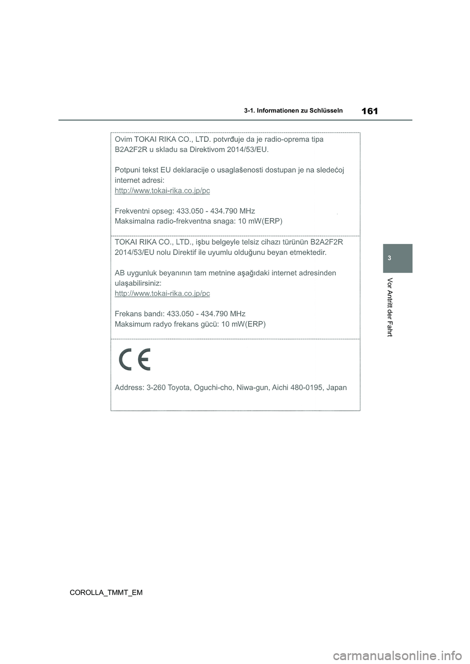 TOYOTA COROLLA 2021  Betriebsanleitungen (in German) 161
3 
3-1. Informationen zu Schlüsseln
Vor Antritt der Fahrt
COROLLA_TMMT_EM 