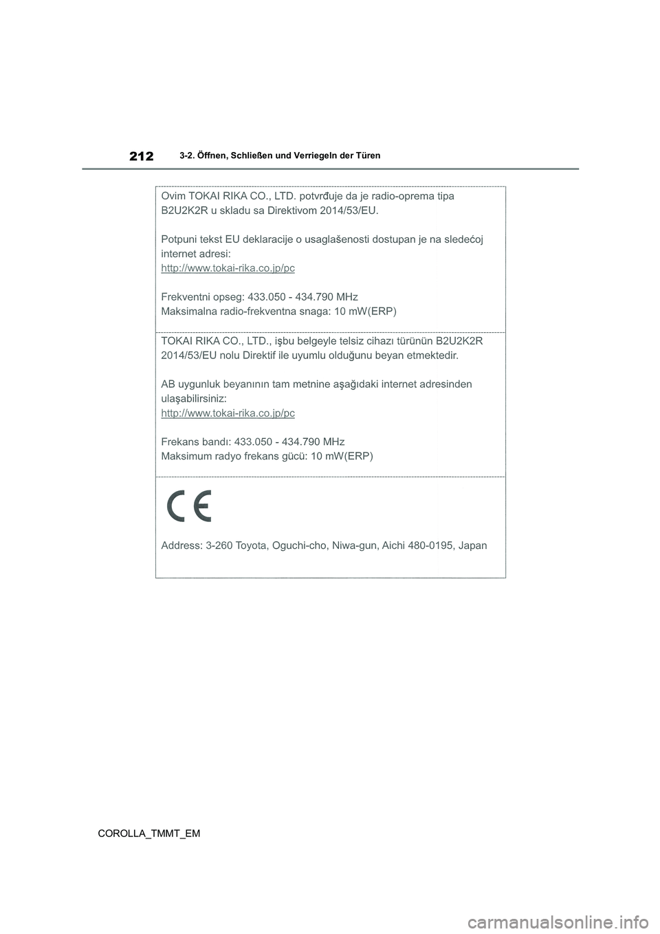 TOYOTA COROLLA 2020  Betriebsanleitungen (in German) 2123-2. Öffnen, Schließen und Verriegeln der Türen
COROLLA_TMMT_EM 