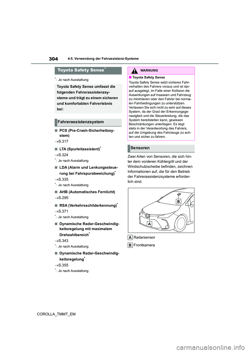 TOYOTA COROLLA 2021  Betriebsanleitungen (in German) 3044-5. Verwendung der Fahrassistenz-Systeme
COROLLA_TMMT_EM
4-5.Verwendung der Fahrassistenz-Systeme
*: Je nach Ausstattung
■PCS (Pre-Crash-Sicherheitssy- 
stem) 
 S.317
■LTA (Spurleitassisten
