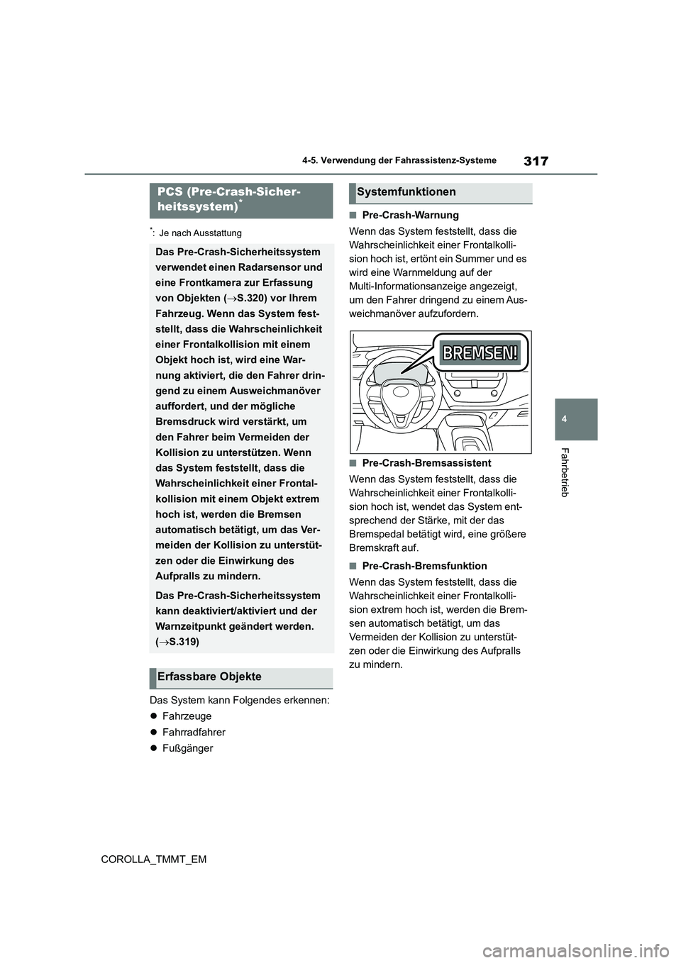 TOYOTA COROLLA 2021  Betriebsanleitungen (in German) 317
4 
4-5. Verwendung der Fahrassistenz-Systeme
Fahrbetrieb
COROLLA_TMMT_EM
*: Je nach Ausstattung
Das System kann Folgendes erkennen: 
 Fahrzeuge 
 Fahrradfahrer 
 Fußgänger
■Pre-Crash-