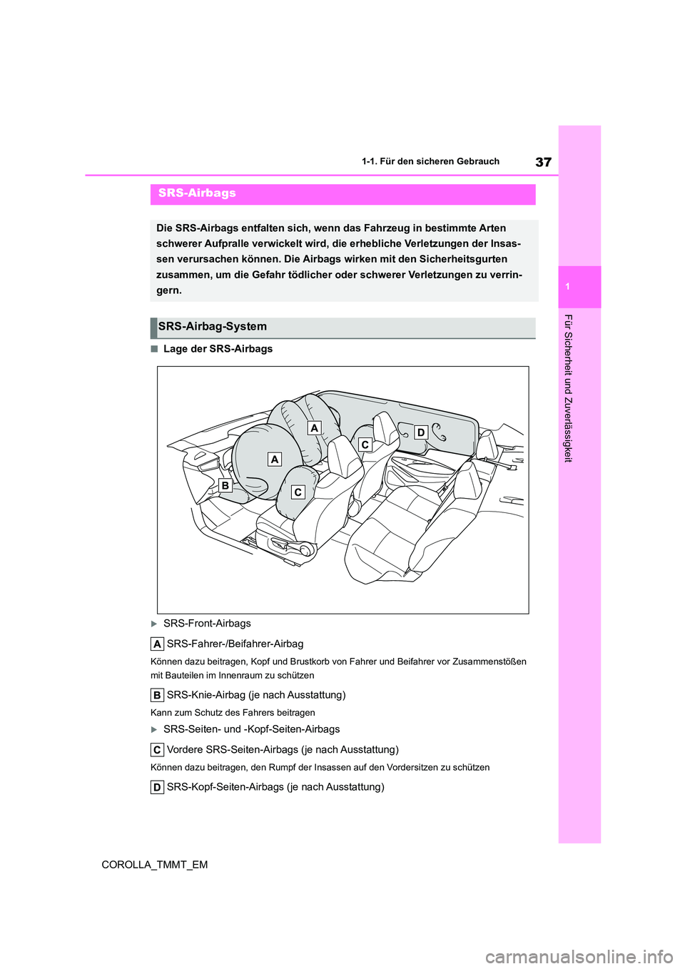 TOYOTA COROLLA 2021  Betriebsanleitungen (in German) 37
1 
1-1. Für den sicheren Gebrauch
Für Sicherheit und Zuverlässigkeit
COROLLA_TMMT_EM
■Lage der SRS-Airbags
SRS-Front-Airbags 
SRS-Fahrer-/Beifahrer-Airbag
Können dazu beitragen, Kopf und B